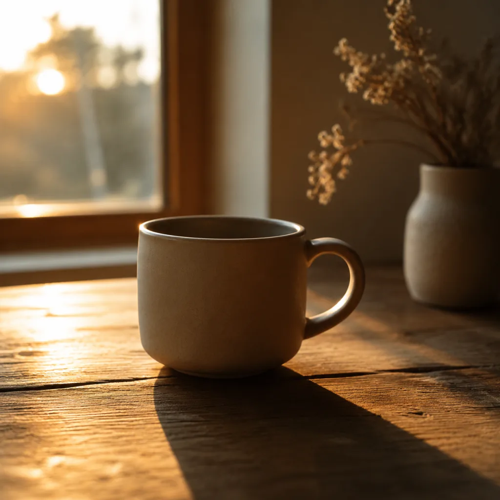 A desk and coffee cup in sunlight, representing self-paced learning